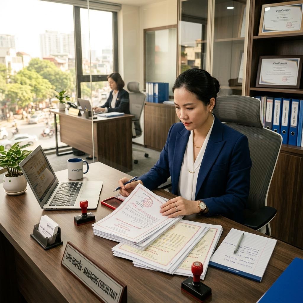 Consultant reviewing business licence documents