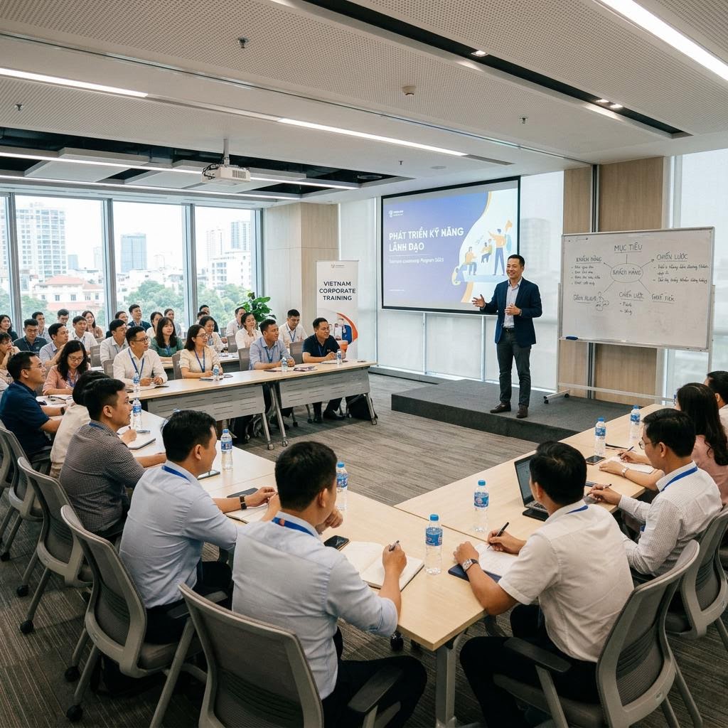 Trainer presenting a workshop to employees in a Vietnamese seminar room