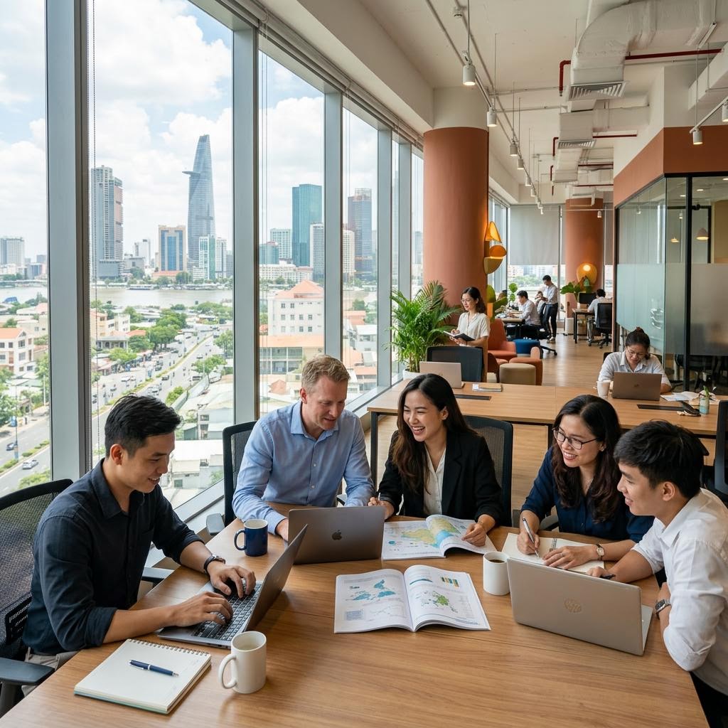 Foreign and Vietnamese professionals working together in a Ho Chi Minh City office